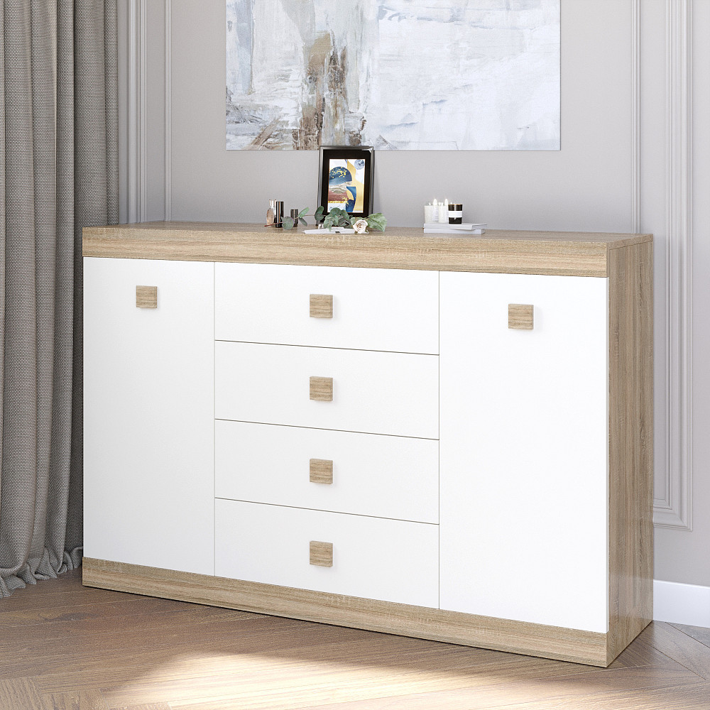 Большой комод Эверест на 4 ящика Соната-8 140х38х94 дуб сонома + белый (DTM-2013) Днепр - изображение 1