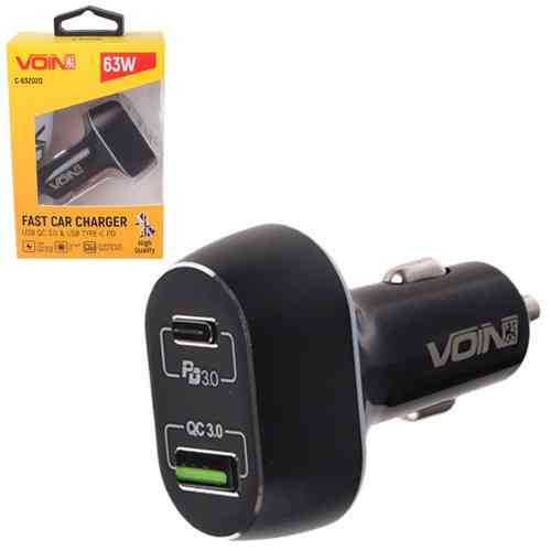 Автомобильное быстрая зарядка VOIN 63W, USB QC3.0 18W + PD 45W, 12/24В Харьков