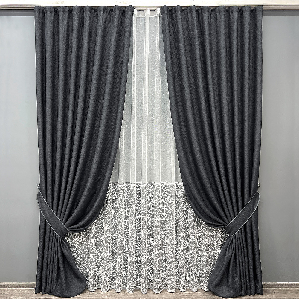 Комплект штор VR-Textil Льон Мішковина 200х270 2шт і Тюль 500х270 1161ш-1672т Графітовий з білим 71-163/6 Київ - фото 1