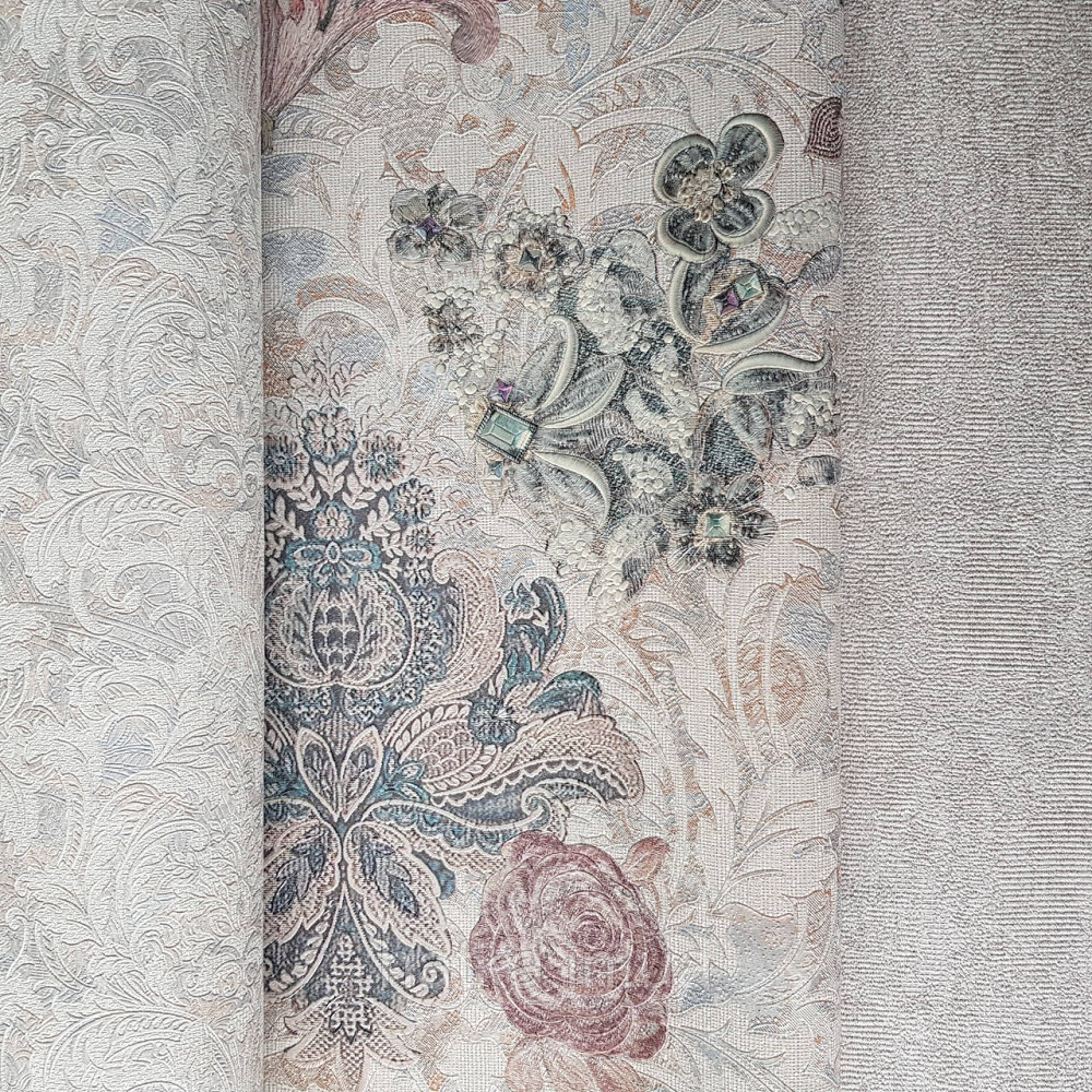 Шпалери метрові вінілові на флізеліні Yuanlong Samsara бароко квіти вензель сині коричневі на блакитному Київ - фото 2