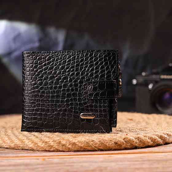 Чоловічий гаманець горизонтальний з натуральної фактурної шкіри Чорний (CANPELLINI) Київ