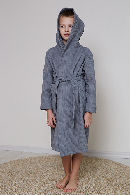 Халат дитячий вафельний Ideal Textile з капюшоном сірий (56860685) 5 р. (104-110 см) Чернівці - фото 1