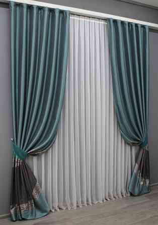 Комплект готових штор VR-Textil ANZIO № 1465ш Бірюзовий з графітовим 130х270 см 2 шт (39-0055) Київ