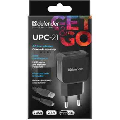 Зарядний пристрій Defender UPС-21 2xUSB,5V/2.1А кабель microUSB (83581) Вінниця
