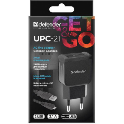 Зарядний пристрій Defender UPС-21 2xUSB,5V/2.1А кабель microUSB (83581) Вінниця - фото 5