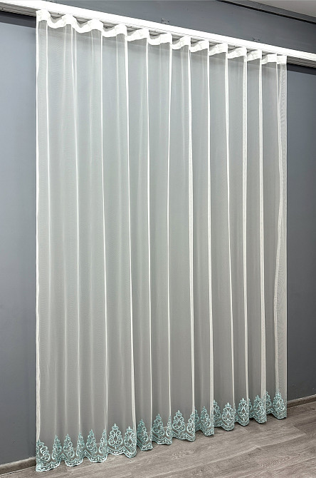 Тюль VR-Textil 1696т Грек-сетка с вышивкой и люрексом Молочный с бирюзовым 300х270 см (42-0737) Киев - изображение 3