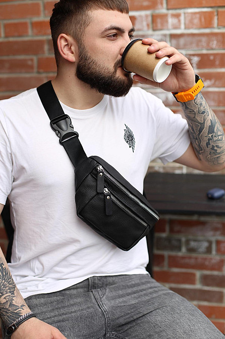 Чоловіча сумка-бананка на пояс з натуральної шкіри SL009 (Чорна) Суми - фото 5