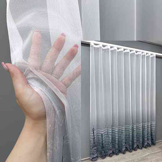 Тюль VR-Textil 1750т с принтом Париж Синий с белым 300х270 см (42-0785) Киев