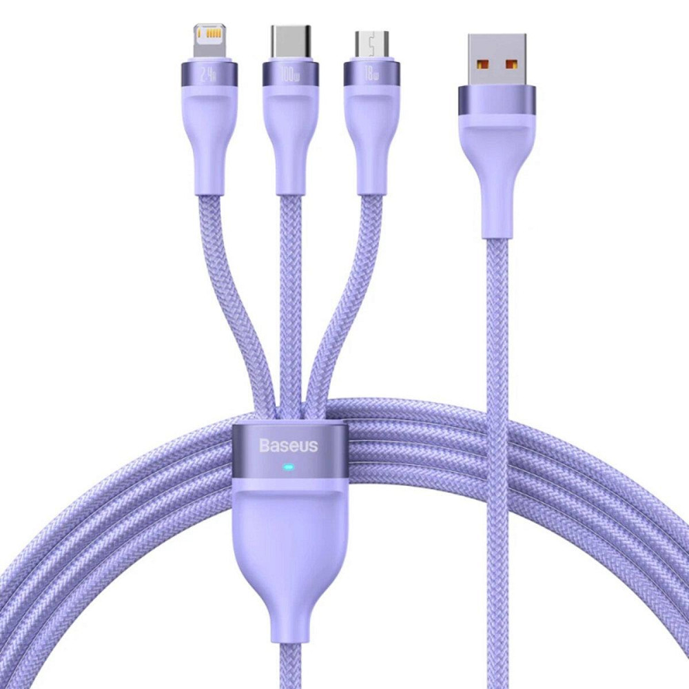 Кабель Baseus Flash Series II One-for-three Fast Charging Data Cable USB to M+L+C 100W 1.2m Purple CASS030005 Одеса - фото 1