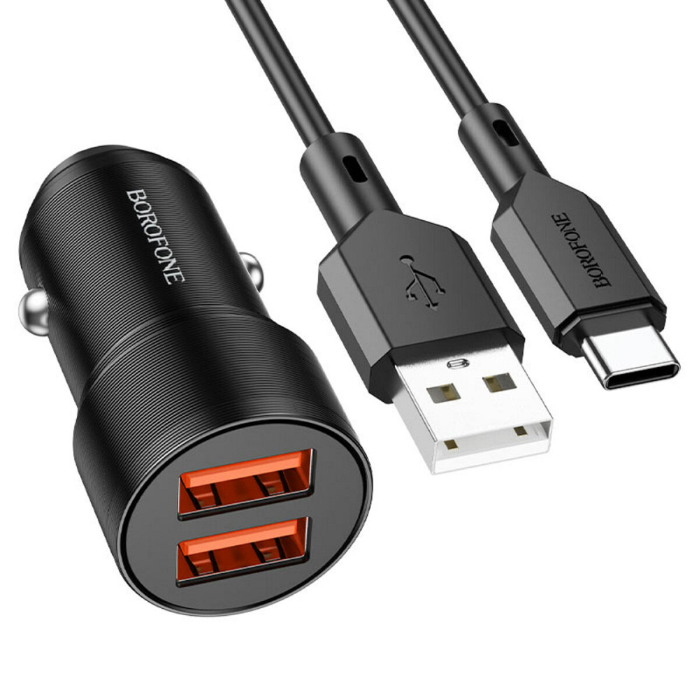 Автомобільний зарядний пристрій BOROFONE BZ19 Wisdom dual port car charger set(Type-C) Black Киев - изображение 1