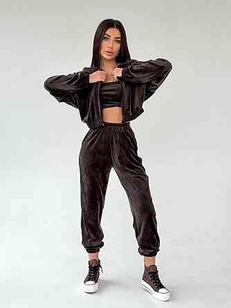 Жіночий плюшевий прогулянковий костюм-трійка: кофта топ і штани велюр плюш Шоколад, 42/44 Одеса