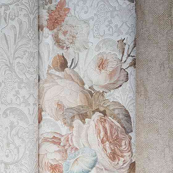 Шпалери метрові вінілові на флізелін Yuanlong Samsara квіти троянди, півонії коричневий кремовий, блакитний на Київ