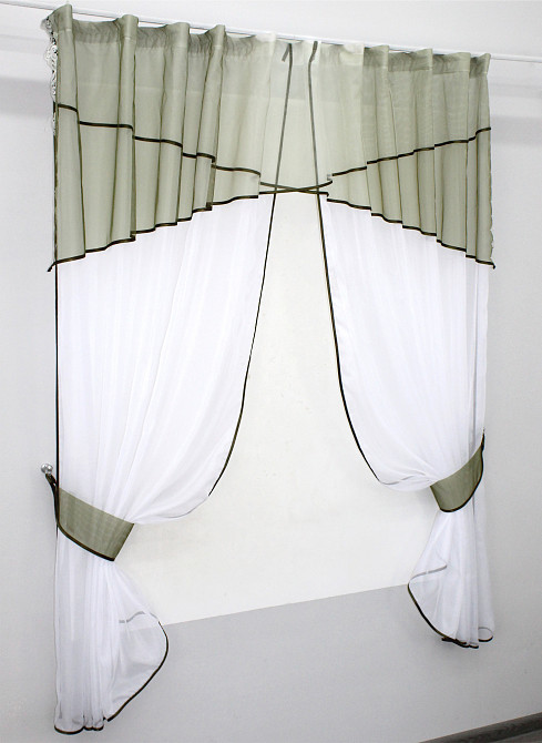 Кухонные шторы VR-Textil № 091к с ламбрекеном и подвязками оливковый с белым 280х170 см (59-710) Киев - изображение 2
