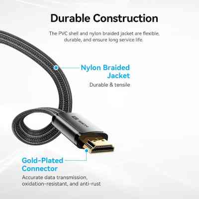 Кабель HDMI M - M, 2.0 м, V2.1, 8K 60Гц, плаский з обплетенням, Vention Винница