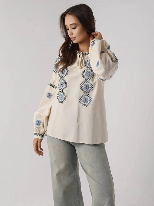 Женская стильная современная вышиванка с завязками 80% хлопок, 20% полиэстер 44 Одесса - изображение 8