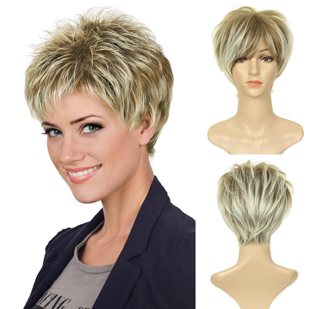 Стильна коротка багатошарова жіноча перука піксі з чубчиком, блонд з затемненим корінням , термостійка, PHOCAS Київ - фото 1