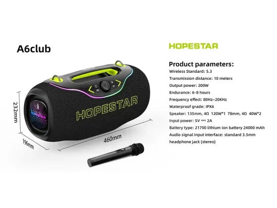 Портативна колонка Hopestar A6 CLUB Bluetooth 5.3, TWS, IPX6, RGB, 24000мА·год, з мікрофоном, сірий Одеса