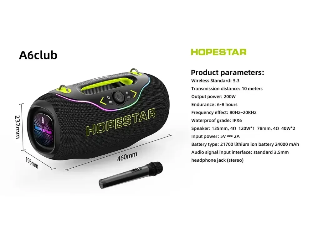 Портативная колонка Hopestar A6 CLUB Bluetooth 5.3, TWS, IPX6, RGB, 24000мАч, с микрофоном, серый Одесса - изображение 2