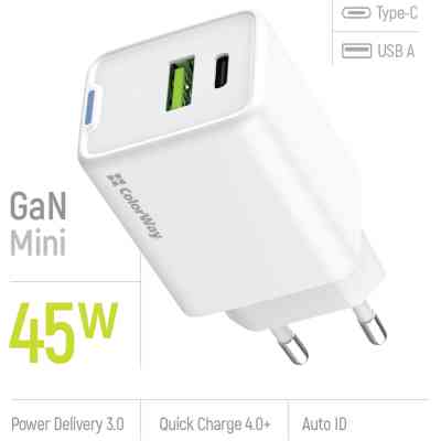 Зарядное устройство ColorWay C101E GaN Mini 45W PD PPS USB-C + USB-A QC4.0 white (CW-CHS060PD-WT) Винница
