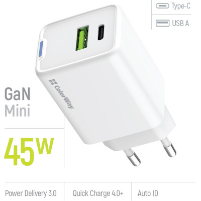Зарядное устройство ColorWay C101E GaN Mini 45W PD PPS USB-C + USB-A QC4.0 white (CW-CHS060PD-WT) Винница - изображение 2