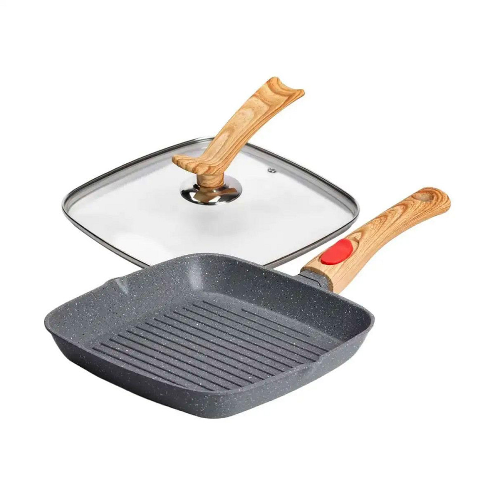 Алюмінієва сковорода-гриль 24 см зі скляною кришкою Квадрат сірий MGC HP-4-461G Київ - фото 6