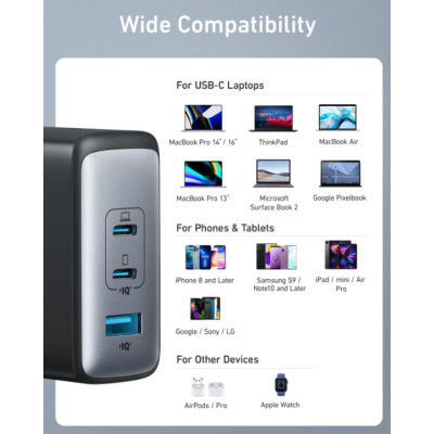 Зарядное устройство Anker PowerPort 736 Nano II - 100W 2xUSB-C PD 1xPIQ GaN Black (A2145G11) Винница - изображение 6