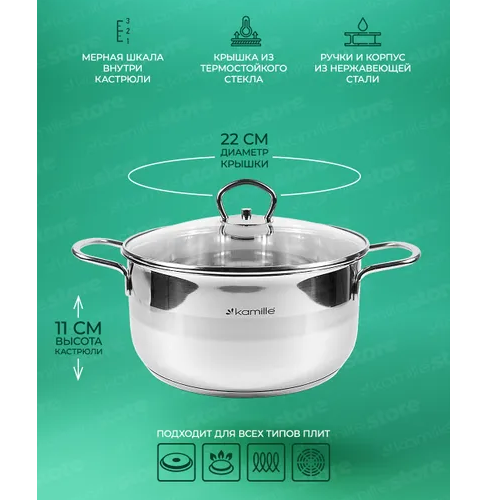 Каструля нержавіюча сталь 4л 22*11см 5414 KAMILLE Житомир - изображение 5