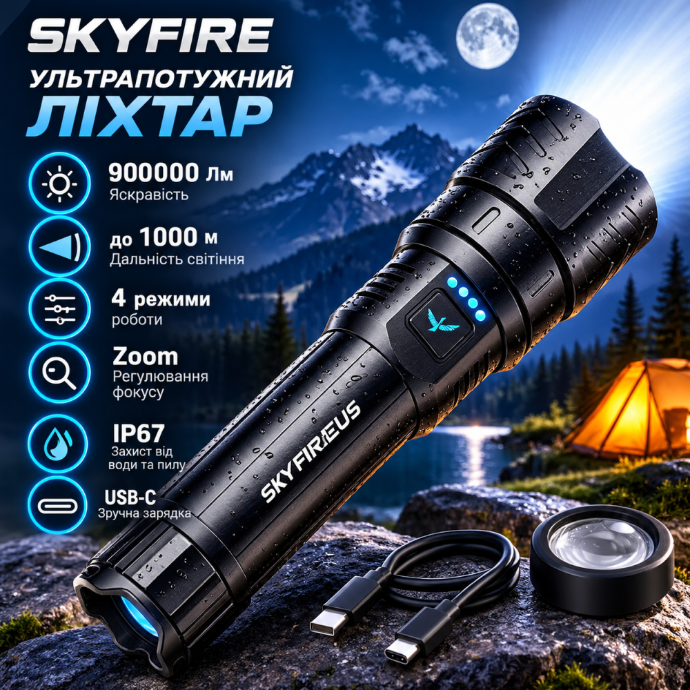 Ліхтар акумуляторний SKYFIRE LED, 900000 лм, до 1000 м, 4 режими, Zoom, USB-C, IP67, чорний Київ - фото 1