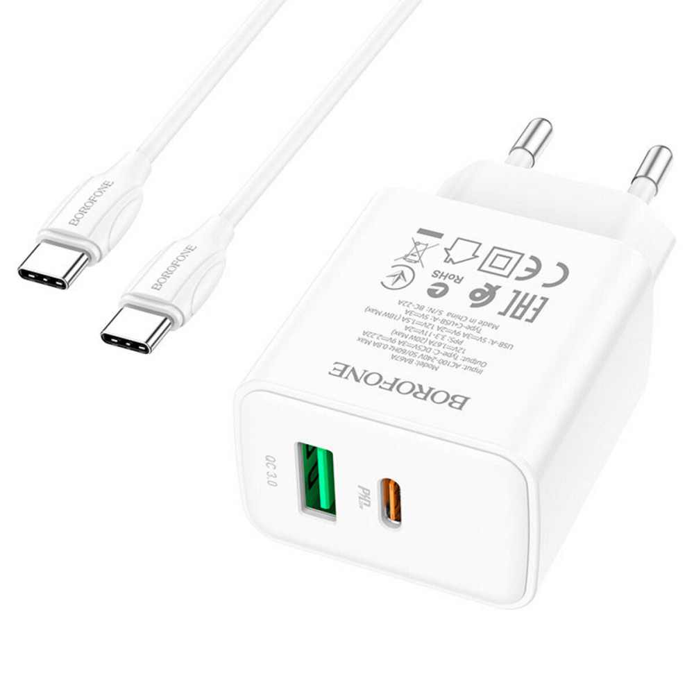 Мережевий зарядний пристрій BOROFONE BA67A PD20W+QC3.0 charger set(Type-C to Type-C) White Киев - изображение 3