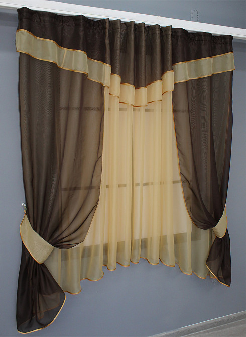 Кухонний комплект VR-Textil № 058к шторки і тюль з ламбрекеном венге з бурштиновим 270х170 см (50-187) Київ - фото 2