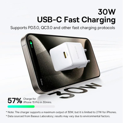 Зарядний пристрій Baseus Palm Fast Charger 1C 30W + Cable 1.0m Type-C 60W white (P10111605213-01) Вінниця - фото 6