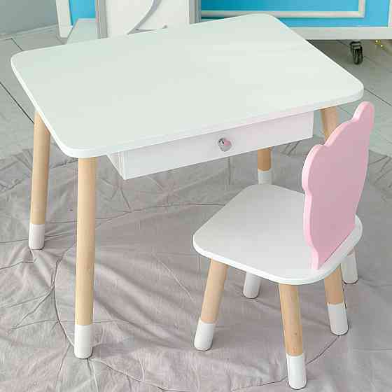 Стіл прямокутний з шухлядою 46х60х45 і стілець мордочка медвежа 26х26х24, столик та стільчик для дитячої кімнати, білий з рожевим Київ