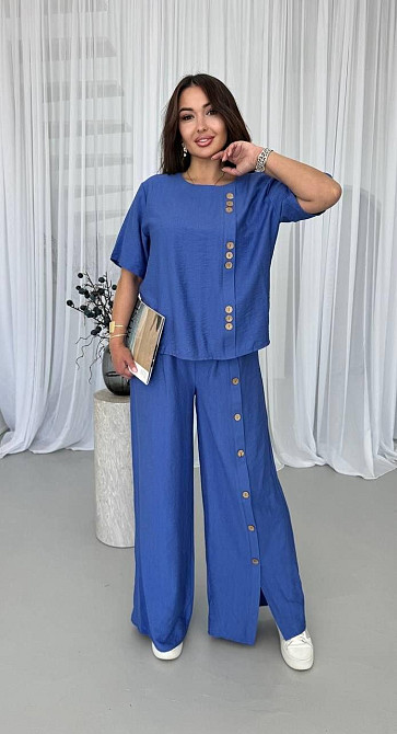 Летний льняной костюм-двойка, лен бохо, брюки-дворец, свободный крой, джинс, размер 52/54 Лубны - изображение 14