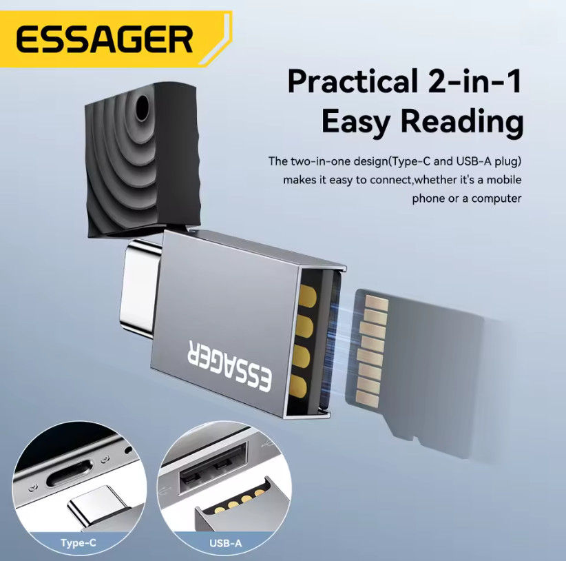 Essager кардрідер 2 в 1 TF SD з роз’ємами Type C та USB A адаптер для карт пам’яті для ПК і ноутбука Миколаїв - фото 3