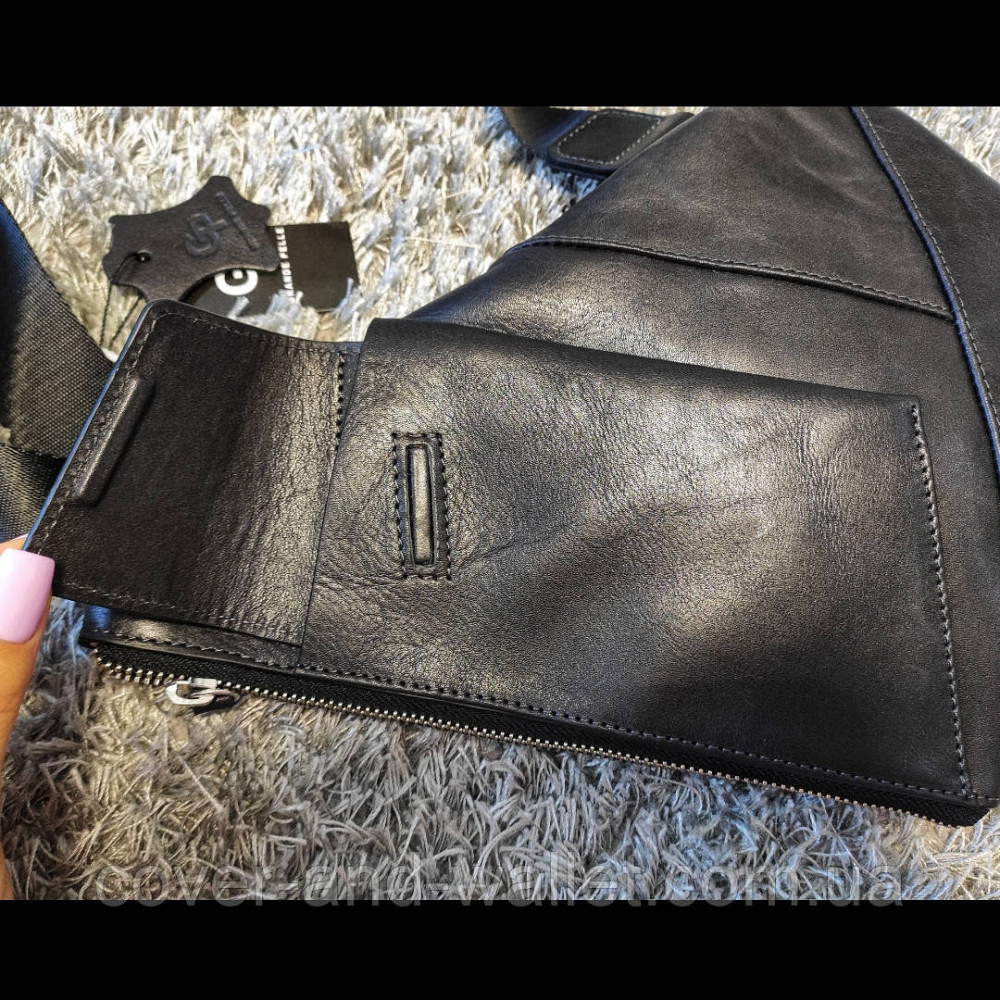 Мужская нагрудная сумка-слинг черного цвета из итальянской кожи Grande Pelle 721610 Киев - изображение 17