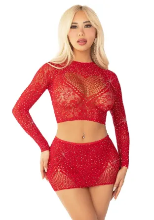 Комплект Leg Avenue Rhinestone Crop Top and Mini Skirt One Size, Red Львів