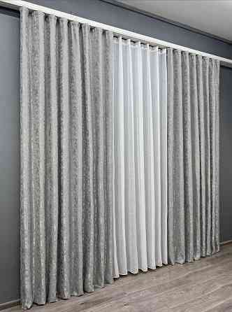 Комплект штор VR-Textil Льон Мармур 100х270 2шт і Тюль 400х270 1263ш-115т Світло-сірий з білим 71-125/2 Київ
