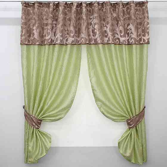 Кухонные шторы VR-Textil № 073к с ламбрекеном и подхватами салатовый с пудровым 270х170 см (52-0100) Киев