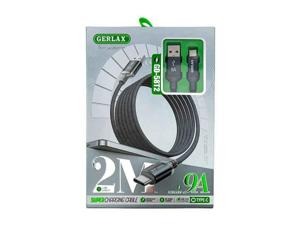 Кабель USB - Type-C GD-58T2 9A QC3.0 MI TURBO CHARGE тканинний сірий 2м ТМ GERLAX Київ - фото 1