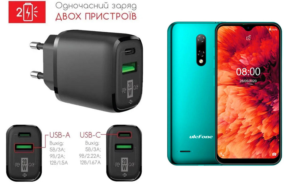Сетевое зарядное устройство для Ulefone Note 8, Note 8P, 20W 3A, Quick Charge 3.0 Киев - изображение 1