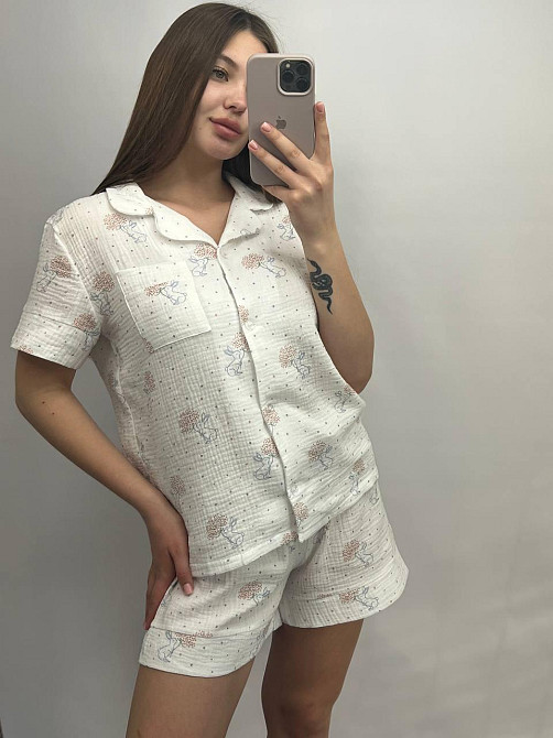 Жіноча піжама з шортами муслінова Молочний кролики L Харків - фото 4