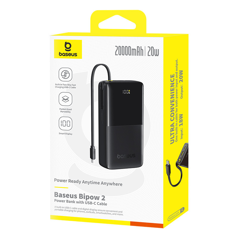 Зовнішній акумулятор Baseus Bipow 2 Digital Display Power Bank With Built-in USB-C Cable 20000mah 20W Cluster Black Київ - фото 2