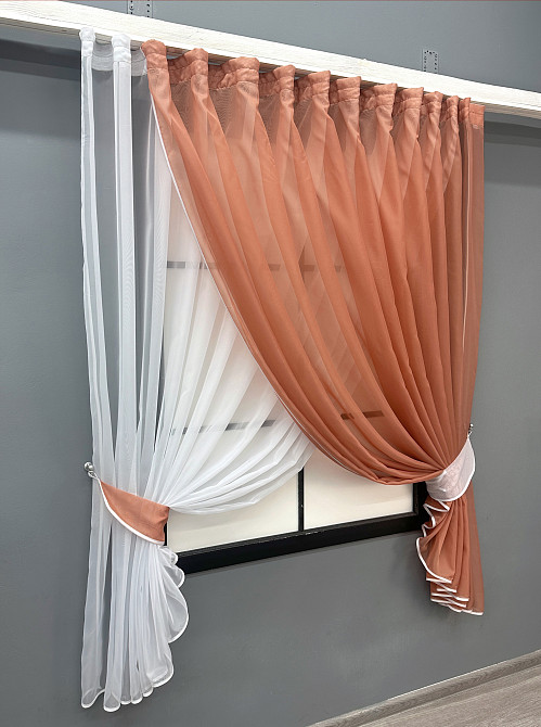 Кухонные шторки VR-Textil № 060к «Дуэт» с подвязками пудровый с белым 330х170 см (52-1189) Киев - изображение 2