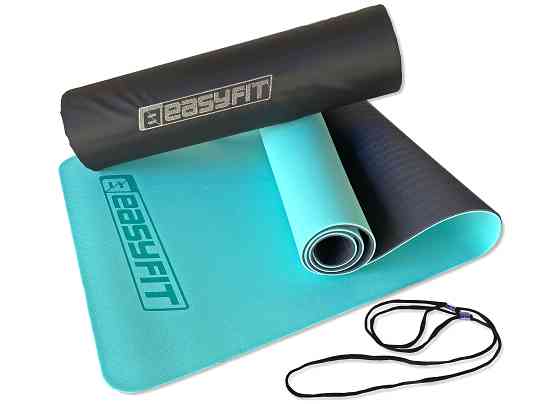 Килимок для йоги та фітнесу EasyFit TPE+TC 6 мм двошаровий + Чохол м'ятний-чорний Коломия