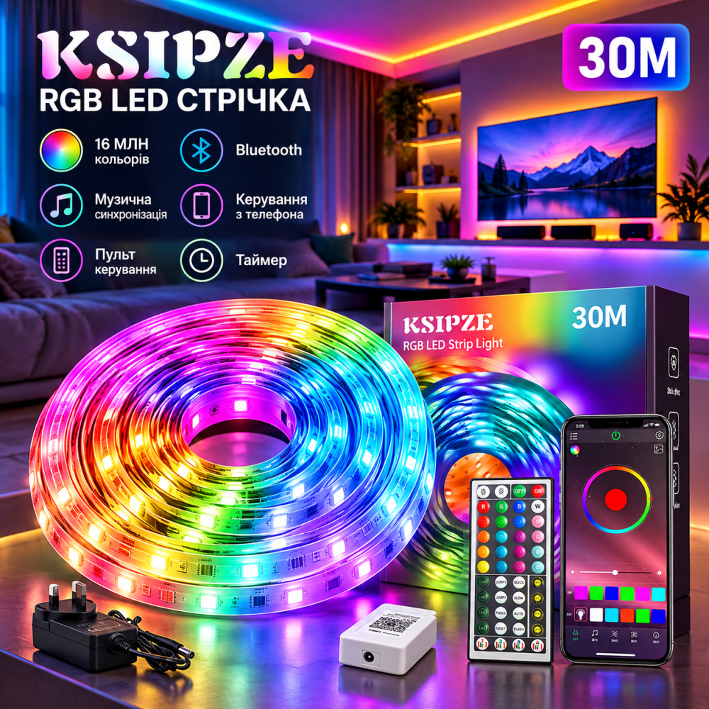 Світлодіодна LED-стрічка KSIPZE RGB 30 м, Bluetooth, 16 млн кольорів, музична синхронізація, керування з телефона та пульта, тайме Київ - фото 1