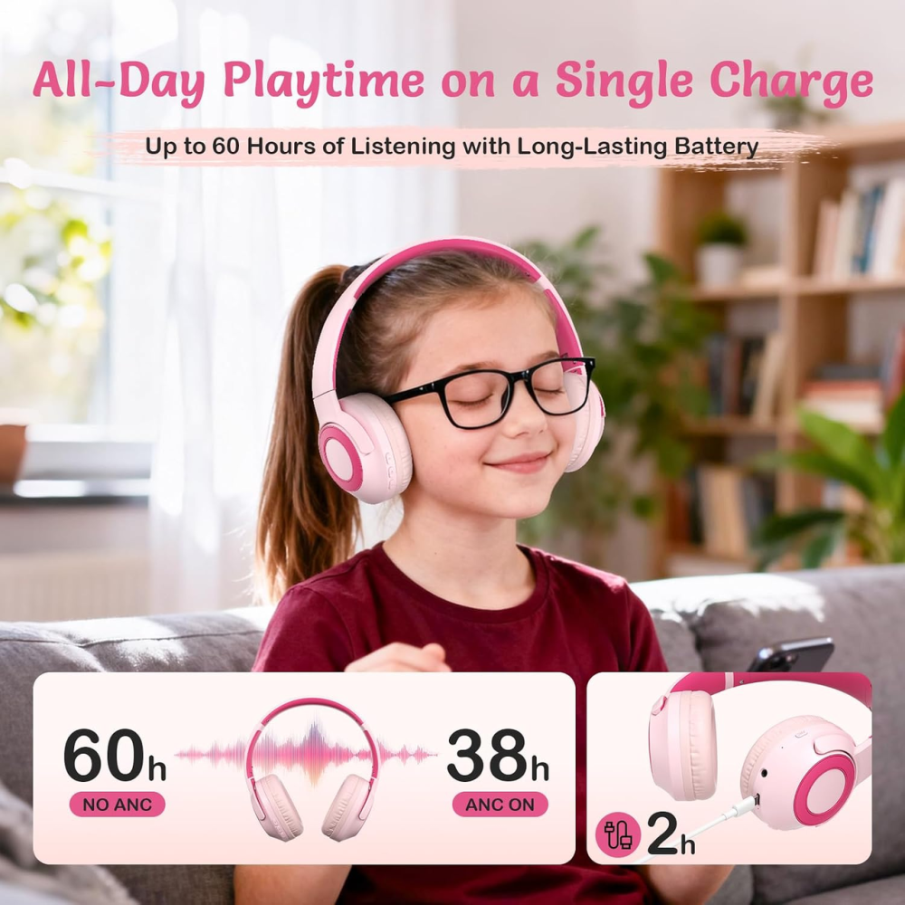 Бездротові навушники TONOSHARK Kids HB03N, Bluetooth 5.3, 60 годин, ANC, 32 Ом, 3,5 мм, чохол, рожеві Київ - фото 7