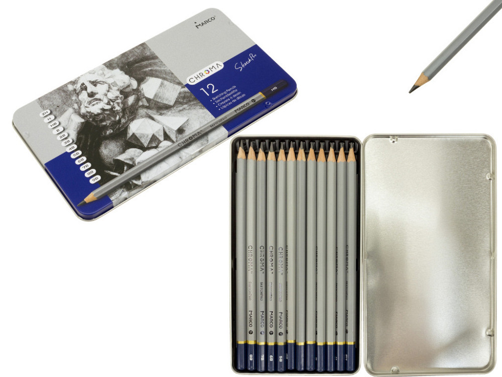 Набір олівців графітних "Marco" 12шт.  (2H-9B) шестигранні, в метал.пеналі "Chroma",8015-12TN, шт Київ - фото 1