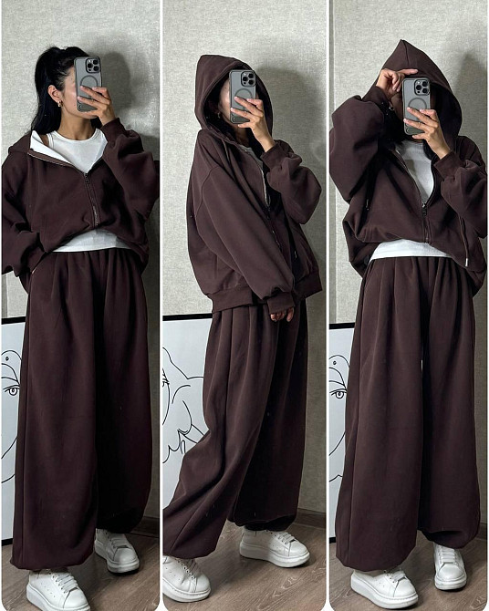 Женский теплый оверсайз костюм: кофта и штаны трехнить флис Черный Одесса - изображение 1