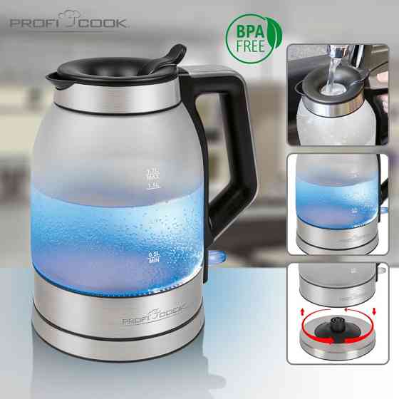 Електричний чайник скляний 1.7 літрів з підсвічуванням Profi Cook PC-WKS (1215) 2200 Вт Нововолинськ