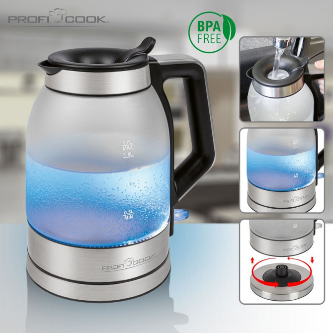 Электрический чайник стеклянный 1.7 литров с подсветкой Profi Cook PC-WKS (1215) 2200 Вт Нововолынск - изображение 4